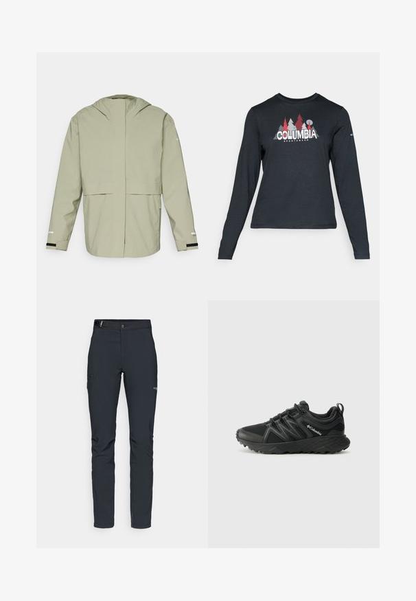 Veste imperméable vert clair avec une fermeture éclair sur le devant, capuche ajustable et poignets élastiques. Présente un design minimaliste sans motifs visibles.; Chemise à manches longues gris foncé avec un motif d'arbres rouges et de montagnes ; logo "COLUMBIA" en lettres blanches en gras. Tissu doux, col rond standard.; Pantalons de plein air pour hommes, gris foncé, fabriqués en matériau flexible, dotés d'une ceinture, de poches zippées et de coutures renforcées.; Columbia PEAKFREAK - Chaussures de marche - black