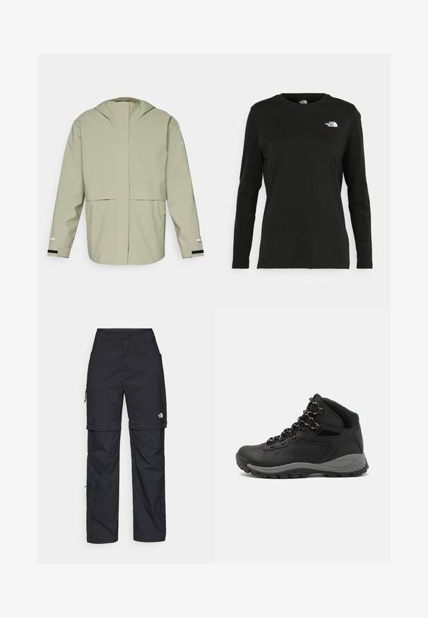 Light green waterproof jacket with a front zip, adjustable hood, and elastic cuffs. Features minimalistic design with no visible patterns.; Black long-sleeve t-shirt made of cotton with a round neck. Features a small white logo on the left chest area. Simple design and fit.; Black nylon zip-off cargo trousers with adjustable cuffs, multiple pockets, and a logo on the right leg. Smooth, lightweight texture.; Black hiking boot with a mid-top design, featuring a textured upper, gray accents, and durable rubber sole with traction lugs.