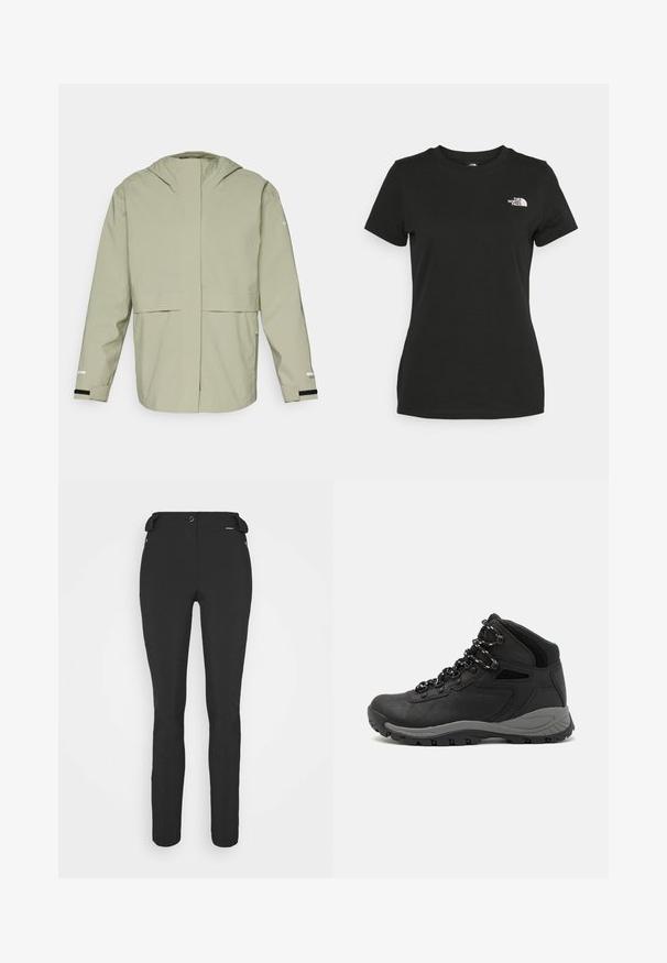 Lett grønn vanntett jakke med frontglidelås, justerbar hette og elastiske mansjetter. Har et minimalistisk design uten synlige mønstre.; Svart bomull t-skjorte med rund hals og korte ermer. Fremtredende hvit logo øverst til venstre. Glatt tekstur, avslappet passform.; Svart, tettsittende bukser laget av et fleksibelt materiale. Funksjoner inkluderer en glidelåslukket sidelomme, artikulerte knær og en glatt tekstur.; Sorte turstøvler med mid-topp design, som har en teksturert overdel, grå detaljer og slitesterk gummisåle med godt grep.