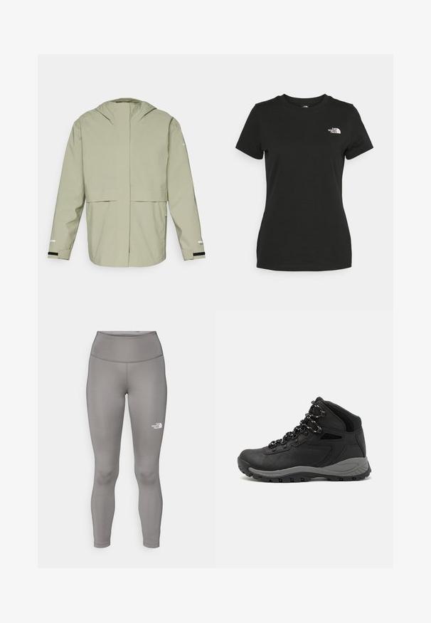 Světle zelená nepromokavá bunda s předním zipem, nastavitelnou kapucí a elastickými manžetami. Vyznačuje se minimalistickým designem bez viditelných vzorů.; Černé bavlněné tričko s kulatým výstřihem a krátkými rukávy. Výrazné bílé logo na horní levé straně. Hladká textura, ležérní střih.; Šedé legíny vyrobené z elastického materiálu, s vysokým pasem a bílým logem Northern Face na levé nohavici.; Černé turistické boty s mírně vyšším střihem, které mají texturovaný svršek, šedé detaily a odolnou gumovou podrážku s trakčními výstupky.