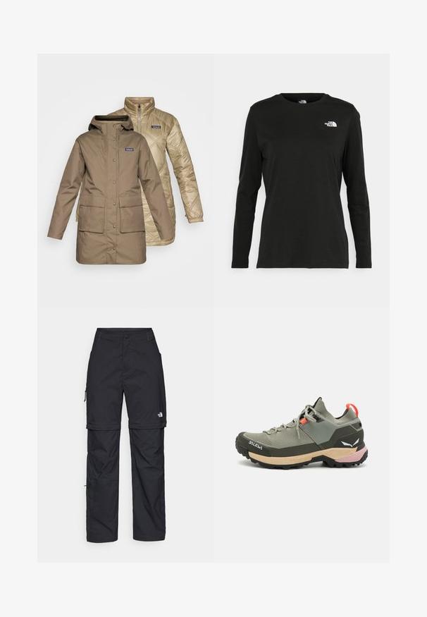 Duas jaquetas: uma parka impermeável castanha com capuz e grandes bolsos frontais, sobreposta a uma jaqueta puffer acolchoada bege com colarinho levantado.; T-shirt preto de mangas longas, feito de algodão, com decote redondo. Apresenta um pequeno logótipo branco na área esquerda do peito. Design simples e ajuste confortável.; Calças cargo pretas em nylon com fechos de correr removíveis, punhos ajustáveis, múltiplos bolsos e um logótipo na perna direita. Textura suave e leve.; Shoe de caminhada leve em verde, com materiais em malha e borracha, sola de tração preta, realces em rosa e laranja, e biqueira reforçada.