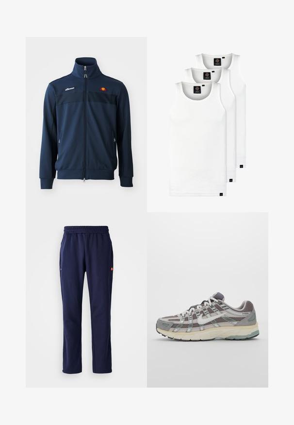 Námořnická modrá bunda na zip s vysokým límcem, zdobená černými panely, předními kapsami a vyšitým logem v oranžové a žluté barvě.; Tři bílé žebrované tílka vyrobené z bavlny. Mají kulatý výstřih a malé černé štítky poblíž lemu. Dostupné v několika velikostech.; Námořnické tepláky s elastickým pasem, bočními kapsami a malým logem na levé kapse. Vyrobeno z měkké, hladké tkaniny.; Šedá sportovní obuv s vrchní částí z mikrovlákna a semiše, bílými akcenty, polstrovanou podrážkou a jedinečným designem s reflexními prvky.
