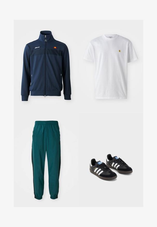 Navy blue zip-up jacket with high collar, featuring black panel accents, front pockets, and embroidered logo detail in orange and yellow.; White cotton t-shirt with short sleeves, crew neck, featuring a small gold logo on the left chest area. Soft texture and regular fit.; Teal athletic pants with a drawstring waist, elastic cuffs, and side black stripes. Made of lightweight fabric, featuring a logo near the hip.; Black sneakers with a suede and synthetic upper, featuring three white stripes, textured rubber sole, and blue logo tag on the tongue.