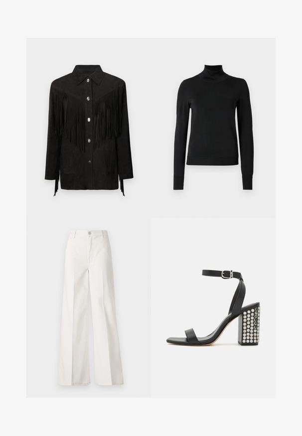 Crna suđena jakna s resicama, prednjim dugmadi, ovratnikom i bočnim džepovima. Ima teksturiranu površinu i oštre rubove.; Crna dugosruga majica s rolijom i rebrastim manžetama i donjim rubom, prikazana na jednostavnoj bijeloj pozadini.; Bijele široke hlače izrađene od pamuka s glatkom teksturom. Imaju prednji gumb, patentni zatvarač i dizajn s četiri džepa.; Crne sandale na petu od kože s remenom oko gležnja. Imaju kvadratni vrh, glatku teksturu i kvadratnu blok petu ukrašenu srebrnim zakovicama.