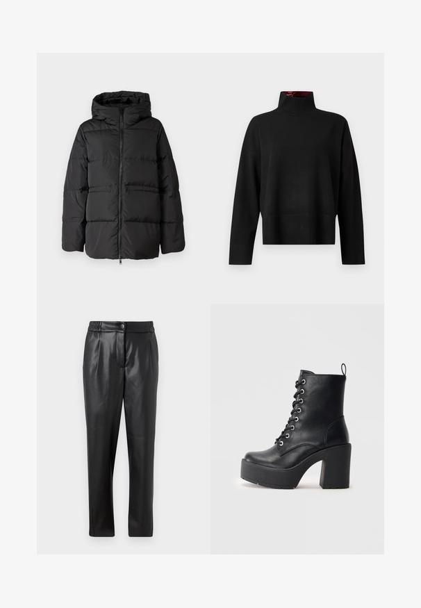 Crni puffer jakna s kapuljačom, prednjim patentnim zatvaračem i horizontalnim šavovima za izolaciju. Glatka tekstura s kutijastim oblikom.; Crni džemper s rolkragnom, izrađen od mekanog pletiva. Ima rebrasti ovratnik i manžete, sa opuštenim krojem i skraćenom dužinom.; Crne kožne hlače s glatkom teksturom, ravnog kroja, elastičnim pojasom i prednjim kopčanjem na dugme; nabran detalj i suženi nogavič.; Crne kožne gležnjače s masivnom blok petom, vezanjem sprijeda i teksturiranom površinom. Imaju uzicu straga za lakše oblačenje.
