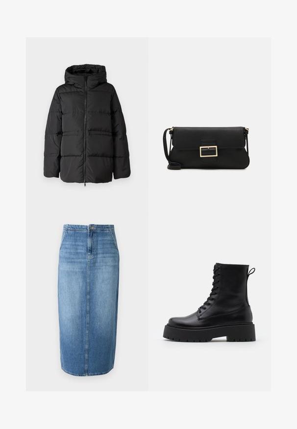 Juodas pūkinis švarkas su gobtuvu, priekinėmis užtrauktukais ir horizontaliais siūlais izoliacijai. Lygus tekstūra su kvadratiniu siluetu.; JDY JDYDINEA REVERSIBLE - Džemperis - fern; Šviesiai mėlyna džinsinė pieštuko sijonas su tiesiu siluetu, priekiniais mygtukais ir subtiliu blukimu. Apačia siekia virš kelių.; Juodos odinės aulinukės su apvalia nosimi, raišteliais priekyje ir storesniu guminio pado apačioje su tekstūruotu raštu. Priekyje yra kilputė.; Juodas odinis dėkliukas su atvarteliu ir auksinės metalinės sagties detalėmis. Įeina juodas diržas ir elegantiškas, minimalistinis dizainas.