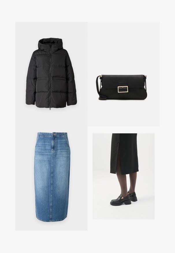 Black puffer jacket featuring a hood, front zipper, and horizontal stitching for insulation. Smooth texture with a boxy shape.; JDY JDYDINEA L/S REVERSIBLE - Jumper - fern; Denim pencil skirt in light blue featuring a straight cut, front button closure, and subtle fading. Hemline is just above the knee.; Black leather shoes with a rounded toe, thick block heel, and elastic side accents, paired with dark tights and a black skirt with a slit.; Black leather clutch bag with a flap and a gold metal buckle detail. Includes a black strap and a sleek, minimalist design.