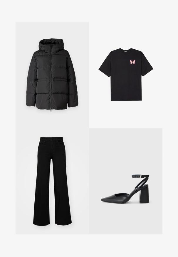 Črna puhasta jakna z kapuco, sprednjim zadrgo in horizontalnim šivanjem za izolacijo. Gladka tekstura z kvadratno obliko.; Črna bombažna majica s kratkimi rokavi, ki ima majhen roza metuljček na levi strani prsnega dela. Majica s krožnim ovratnikom in sproščenim krojem.; Črne široke denim hlače s strukturiranim pasom, z zankami za pas in sprednjimi žepi. Gladka tekstura s klasičnim dizajnom.; Črne usnjene klasične čevlje z ostrim nosom, z zaponko za gleženj in debelim peto. Ravna tekstura, eleganten dizajn in minimalistična estetika.