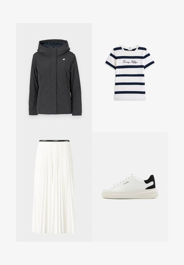 Donkergrijze hoodie met een gladde, matte textuur, een ritssluiting aan de voorkant en een minimalistisch ontwerp met een klein logo op de borst.; Katoenen T-shirt met horizontale marineblauwe strepen op een witte achtergrond. "Tommy Hilfiger" geborduurd in cursieve letters op de borst. Ronde hals.; Plisséminirok in het wit met een zwarte elastische tailleband met het "LACOSTE"-logo. Middellange ontwerp met een zachte textuur.; Witte leren sneakers met een dikke witte zool, zwarte suède hielaccent en een geperst logo op de zijkant. Vetersluiting met zes oogjes.