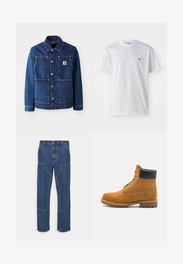 Tumesinise denimjakk klassikalise krae, snap-nuppude, kahe esise pehme tasku ja vasakul rinnal oleva logo patchiga.; Valge puuvillane t-särk lühikeste varrukatega, ümmargune kaelus, millel on väike kuldne logo vasakul rinnal. Pehme tekstuur ja regulaarne lõike.; Sinine denimist rõivaste paari sirge säärega teksad, millel on ees plaastritaskud ja kontrastsed õmblused. Kangas omab klassikalist tekstuuri ja viimistlust.; Küpset tan suede sääreboot musta pehmea kraega, kuldsed metallist silmad, valge õmblemise detailid ja robustne kummist tallaga, millel on väljendunud mustrid.