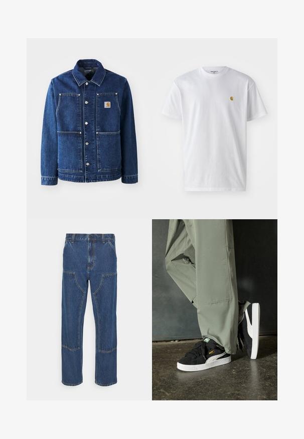 Dunkelblaue Jeansjacke mit klassischem Kragen, Druckknöpfen, zwei vorderen Taschen und einem Patch-Logo auf der linken Brust.; Weißes Baumwoll-T-Shirt mit kurzen Ärmeln, Rundhalsausschnitt, mit einem kleinen goldenen Logo im linken Brustbereich. Weicher Stoff und normale Passform.; Blaue Denim-Jeans mit geradem Bein, vorderen aufgesetzten Taschen und kontrastierenden Nähten. Der Stoff hat eine klassische Textur und Ausführung.; Schwarze Wildleder-Sneaker mit weißen Gummisohlen und seitlichen Streifen, kombiniert mit hellgrünen Cargo-Hosen, stehen auf einer strukturierten dunklen Oberfläche.