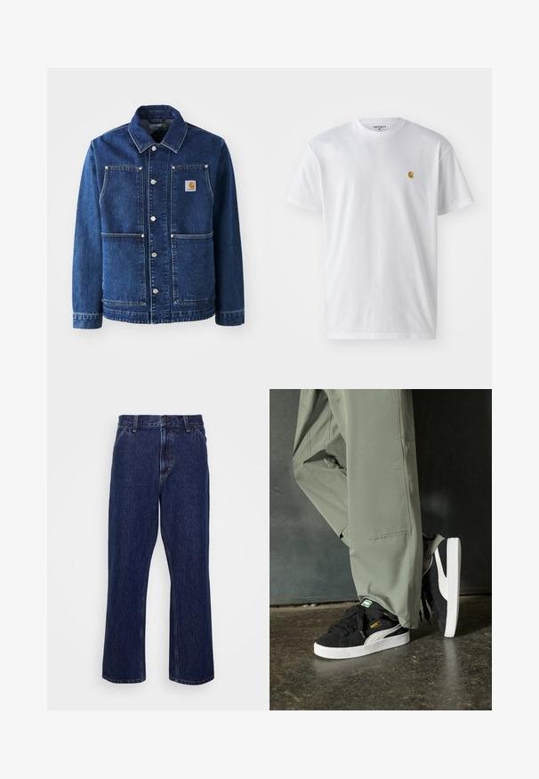 Tumesinise denimjakk klassikalise krae, snap-nuppude, kahe esise pehme tasku ja vasakul rinnal oleva logo patchiga.; Valge puuvillane t-särk lühikeste varrukatega, ümmargune kaelus, millel on väike kuldne logo vasakul rinnal. Pehme tekstuur ja regulaarne lõike.; Tumed sinised teksad sirge jalgade disainiga, millel on nupplukustus, viie tasku stiil ja märkamatud õmbluse detailid.; Mustad nubukist spordijalatsid valgete kummist tallade ja külgriidega, koos heleda rohelise cargo-pükstega, seistes tekstureeritud tumedal pinnasel.