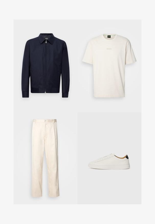 Jaqueta azul-marinho com fecho, com colarinho, mangas longas e dois bolsos frontais, exibida contra um fundo branco liso.; BOSS TEE - T-shirt básica - open white; Calças de algodão bege com corte reto, apresentando um fecho de botão e pregas na frente para um detalhe adicional.; Sapatilhas brancas com um cabedal em couro liso, bico redondo e sola plana. Detalhe preto no calcanhar, com atacadores tonais e uma marcação minimalista.