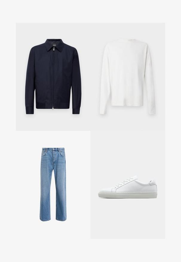 Jachetă zip-up bleumarin cu guler, mâneci lungi și două buzunare frontale, prezentată pe un fundal alb simplu.; Cămașă albă din bumbac cu mâneci lungi, decolteu rotund, fante pe laterale la baza, cu o textură netedă, expusă din spate.; Jeans din denim bleu deschis cu un design drept, cinci buzunare, închidere cu buton, decolorare minimă și detalii de cusătură în contrast.; Adidași albi cu o suprafață din piele netedă și un profil jos. Au un vârf rotunjit, șase orificii pentru șireturi și o talpă din cauciuc texturată.