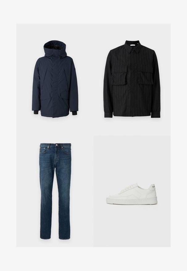 Navy blue insulated parka with a high collar, adjustable hood, front zipper, and large flap pockets. Features ribbed cuffs for warmth.; Black long-sleeve shirt featuring vertical pinstripes, two chest pockets, a collared neckline, and button closure. Soft, textured fabric.; Dark blue denim jeans, straight-leg design, five pockets, button-fly closure, with subtle fading and stitching details. Smooth texture.; White leather sneaker with a smooth finish, round toe, flat laces, and a textured sole. Features a subtle logo on the heel.
