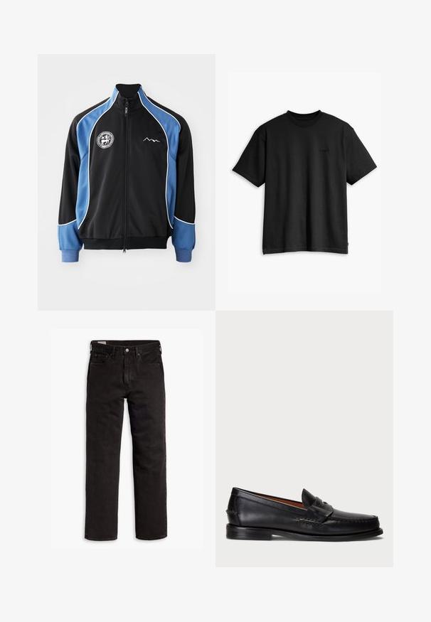 Fekete és kék sportzakó, zipzáros elülső rész, kontrasztos fehér díszítés, logóval ellátott folt a mellkason, bordázott mandzsetták, sima szintetikus anyag.; Fekete pamut póló kerek nyakkal és rövid ujjakkal. Diszkrét elülső logóval és egyenes szegéllyel rendelkezik. Egyszerű és minimalista dizájn.; Fekete egyenes szárú farmernadrág öt zsebbel, gombos záródással és övhurkokkal, fehér háttéren elhelyezve.; Fekete bőr mokaszin lekerekített orral, varrott részletezéssel és díszes pánttal az elején. Lapos talp minimalista profilal.