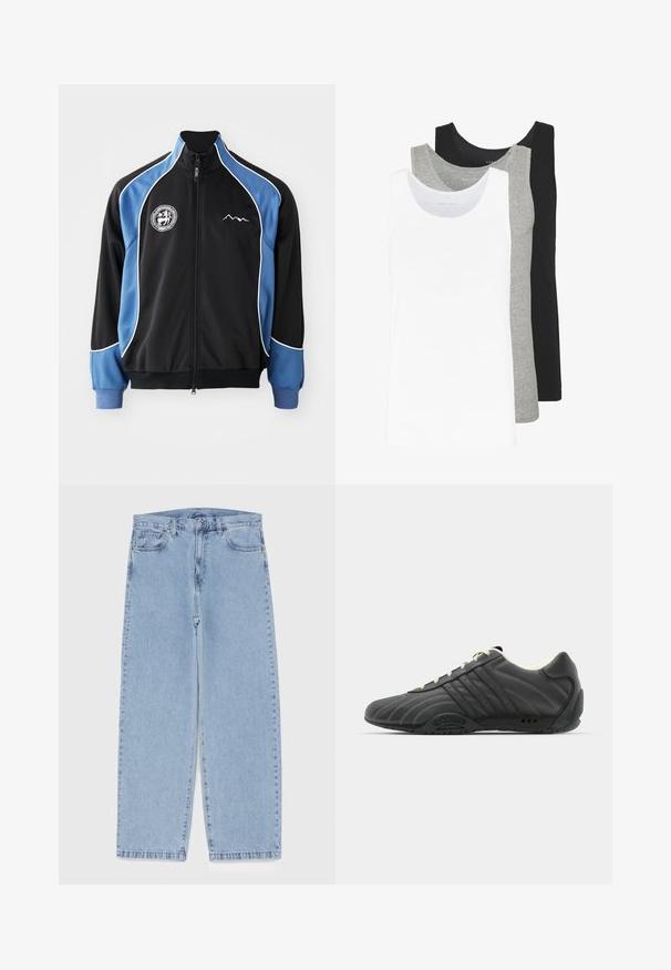 Veste de sport noire et bleue, devant zippé, avec un passepoil blanc contrastant, patch logo sur la poitrine, poignets côtelés, en tissu synthétique lisse.; Trois débardeurs en blanc, gris et noir. Chacun présente un design classique sans manches, fabriqué en coton léger avec une texture côtelée.; Jean en denim bleu clair avec une coupe droite, présentant une taille mi-haute, cinq poches, et une fermeture à bouton et à fermeture éclair.; adidas Originals ADIRACER UNISEX - Baskets basses - core black/cream white