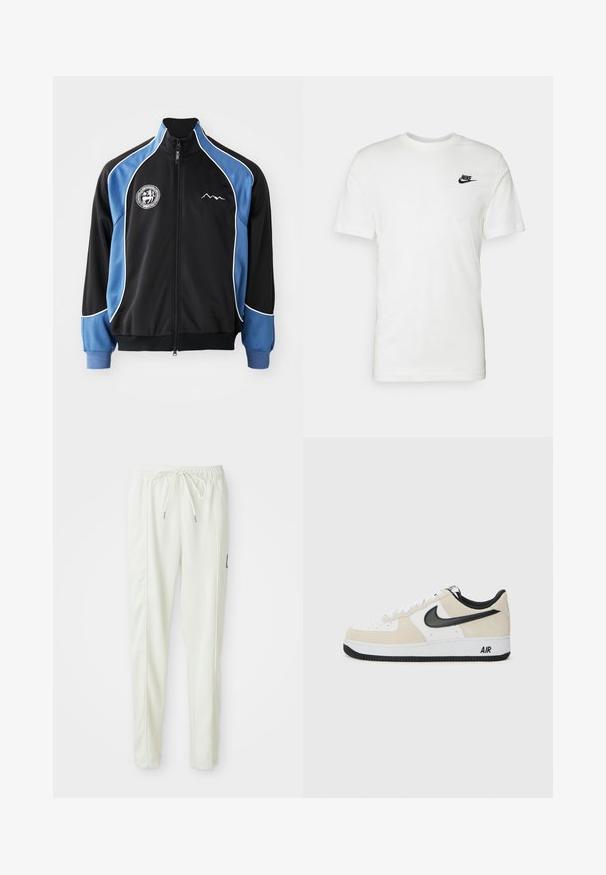 Veste de sport noire et bleue, devant zippé, avec un passepoil blanc contrastant, patch logo sur la poitrine, poignets côtelés, en tissu synthétique lisse.; T-shirt en coton blanc à manches courtes, encolure ronde et logo Nike noir sur la partie gauche de la poitrine. Texture lisse et coupe classique.; Pantalons de jogging slim blancs avec ceinture élastique et cordon de serrage, présentant des détails de couture sur les côtés et un petit patch noir sur la jambe droite.; Des baskets avec un dessus en suede beige clair et cuir blanc, un swoosh Nike noir, des accents noirs et une semelle en caoutchouc blanc arborant le logo "AIR".