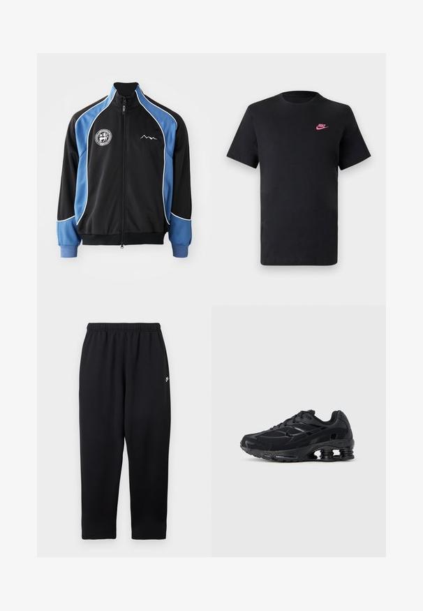 Black and blue athletic jacket, zippered front, contrasting white piping, logo patch on chest, ribbed cuffs, smooth synthetic fabric.; Black cotton t-shirt with a round neckline and short sleeves. Features a pink Nike logo on the upper left side. Smooth texture.; Black sweatpants with an elastic waistband, featuring a small white logo on the left side. Made of soft, lightweight fabric. Straight-leg design.; Black athletic shoe with a mesh upper, padded collar, and prominent cushioning technology at the heel. Features textured accents and laces.