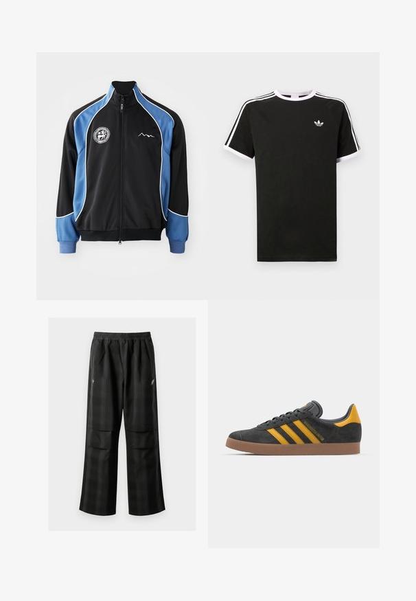 Schwarze und blaue Sportjacke, mit Reißverschluss vorne, kontrastierende weiße Paspelierung, Logo-Patch auf der Brust, gerippte Bündchen, glattes synthetisches Material.; Schwarzes T-Shirt aus Baumwolle mit weißen Akzenten. Hat kurze Ärmel, ein Raglan-Design und ein kleines Logo auf der Brust. Drei weiße Streifen auf den Schultern.; Schwarze karierte Hosen mit elastischem Bund, zwei Fronttaschen und lockerer Passform im geraden Beinschnitt. Hergestellt aus leichtem Material.; Schwarze Wildledersneaker mit gelben Akzenten, ausgestattet mit drei Streifen und einer braunen Gummisohle. Enthält eine gepolsterte Zunge für zusätzlichen Komfort.