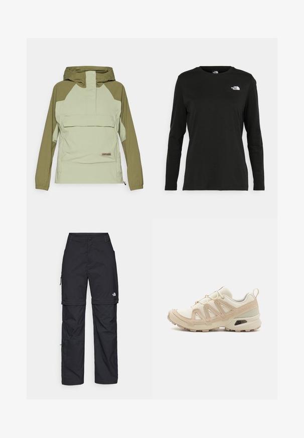 Light green and olive anorak jacket with a hood, featuring a front pocket, elastic cuffs, and a branded patch. Material appears smooth and lightweight.; Black long-sleeve t-shirt made of cotton with a round neck. Features a small white logo on the left chest area. Simple design and fit.; Black nylon zip-off cargo trousers with adjustable cuffs, multiple pockets, and a logo on the right leg. Smooth, lightweight texture.; Beige and cream athletic shoe with textured mesh upper, supportive overlays, and rubber outsole featuring a tread pattern for traction.