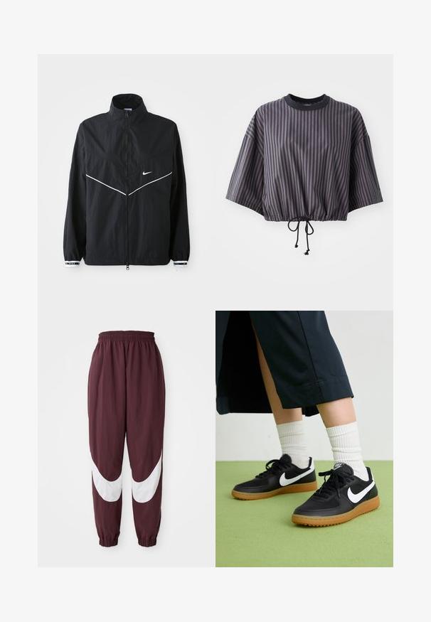 Must teine must windbreaker jakk kõrge kraega, täispikk tõmblukk, valged aktsentjooned ja logo. Omab elastseid mansette, millel on kontrastne äär. Kerge materjal.; Tükkide kaupa lühikeste varrukatega tumehall topp, millel on vertikaalsed triibud. Omab nööriga allääret ja ümmargust kaelaauk, millel on kontrastne must äär.; Bordo värvi spordipüksid valge kõverjoonega, elastse vöökoha ja kitsenevate varrukatega. Valmistatud kergest, hingavast materjalist.; Mustad nahast ja sünteetilised sneekerid valge Nike logoga, kummist gumme, ümar nina ja mustad paelad. Näha ribakujulisi valgeid sokke.