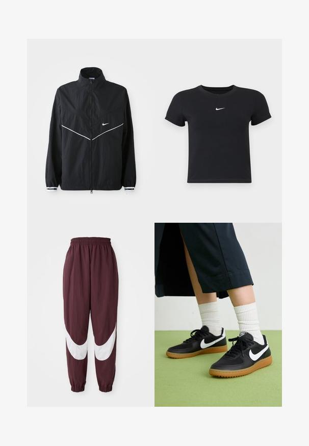 Svart vindjakke med høy krage, full glidelås, hvite detaljer og logo. Har elastiske mansjetter med kontrasterende kant. Lett materiale.; Svart T-skjorte med kort arm laget av bomull med rund hals. Har en hvit Nike-logo på brystet, minimalistisk design og tettsittende fasong.; Marron joggebukser med et hvitt buet stripe-design, elastisk midjebånd og smale cuffs. Laget av lett, pustende materiale.; Sorte lær- og syntetiske joggesko med hvit Nike swoosh, gummisåle, rund tå og sorte lisser. Ribbet hvite sokker synlige.