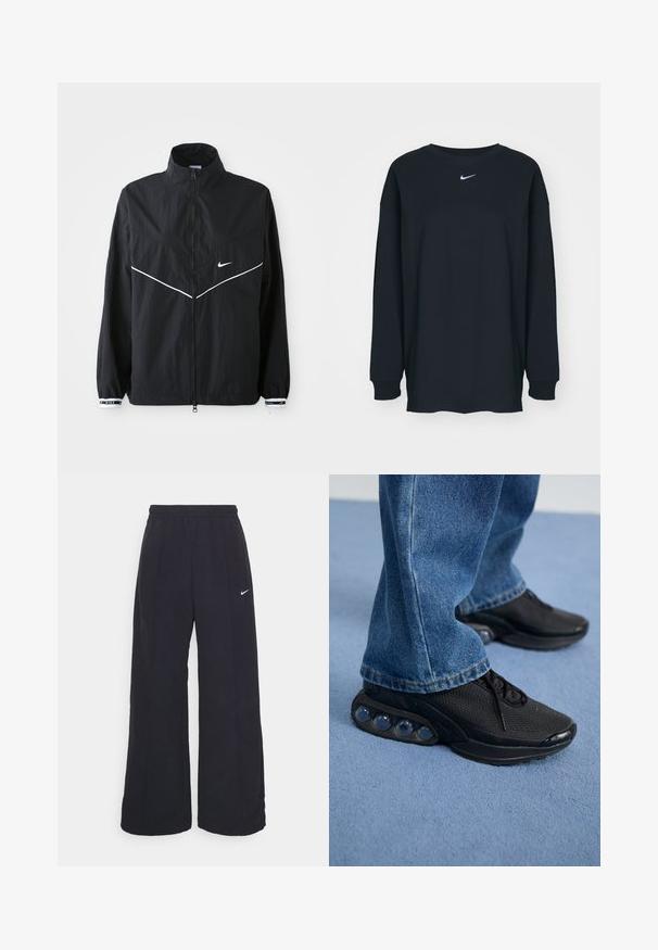 Črna vetrovka s visokim ovratnikom, polnim zadrgo, belimi poudarki in logotipom. Ima elastične manšete s kontrastnim robom. Lahka zasnova.; Črna dolgotrajna majica z dolgimi rokavi iz bombaža z okruglim izrezom. Ima bel Nike logo na prsih. Mehek material, preprost dizajn.; Črne široke hlače s elastiko v pasu in malim belim logotipom Nike. Tkanina ima gladko teksturo, zasnovano za udobje in sproščeno nošenje.; Črne športne superge z mrežastim zgornjim delom, teksturiranimi poudarki in vidnimi zračnimi blazinicami v podplatu. Obute z modrimi kavbojkami.