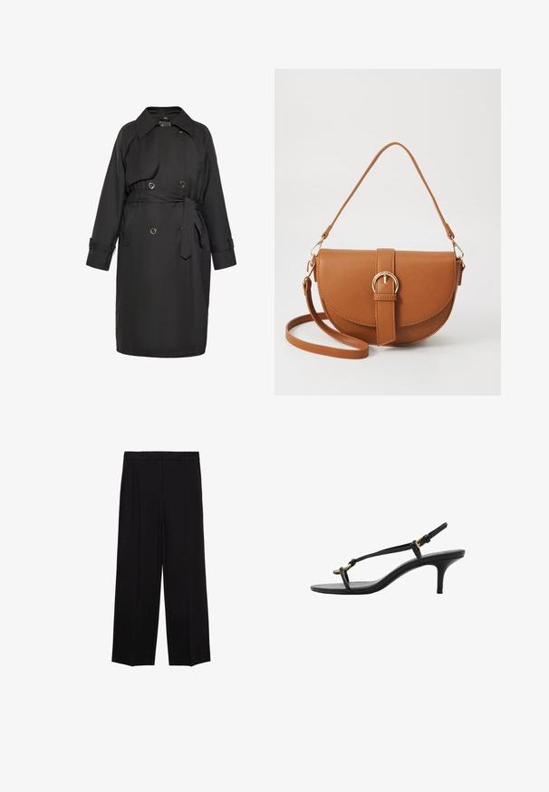 Čierny trenchový kabát z hladkej látky s opaskom v páse, dvojradovým zapínaním s okrúhlymi gombíkmi a klasickým golierom.; Čierny pulóver so vzorom V-krku a golierom. Vyrobený z mäkkej látky, má dlhé rukávy a voľný strih.; Čierne široké nohavice s hladkým materiálom, s plisovaním vpredu a bočnými vreckami, navrhnuté v rovnom a uvoľnenom strihu.; Čierne kožené sandále na malom podpätku s tenkými pásikmi, zlatou prackou a minimalistickým prstovým pásikom na bielom pozadí.; Hnedá kožená kabelka cez telo s zakriveným tvarom, zlatými kovovými doplnkami a akcentom s prackou. Obsahuje odnímateľný ramenný popruh.