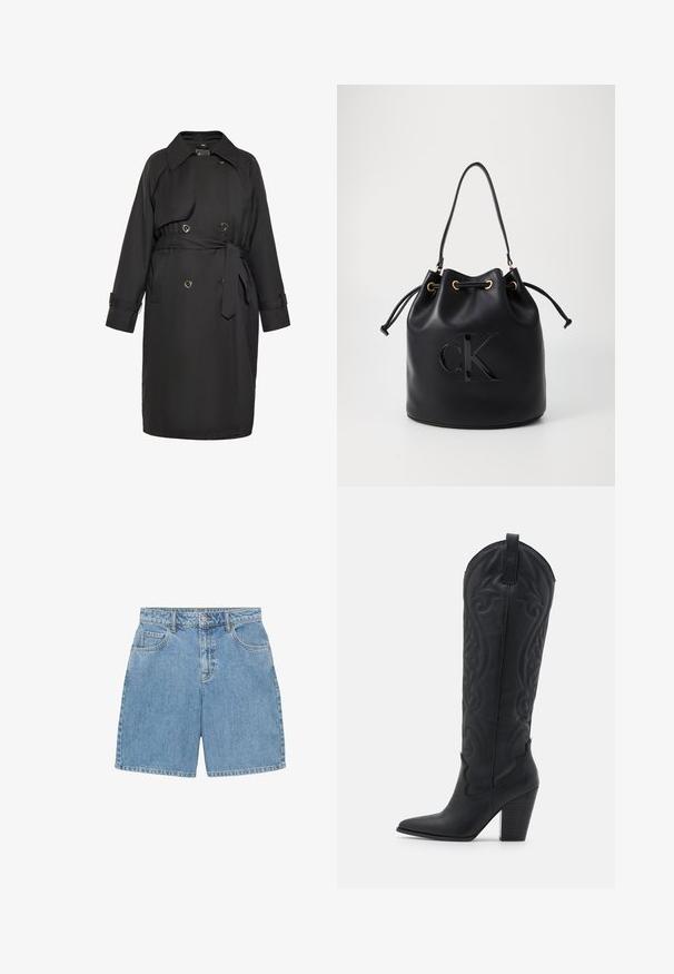 Crni trench kaput od glatkog materijala, s pojasom u struku, dvostrukim kopčanjem sprijeda s okruglim gumbima i klasičnim ovratnikom.; Dug rukav dugih rukava pleteni pulover u tamnoj burgundi boji s rebrastim manžetama i donjim rubom, prikazan na bijeloj pozadini.; Traper šortsevi u svijetloplavoj boji, s visokim strukom, četiri džepa i vidljivim šavovima. Napravljeni od teksturiranog traper materijala.; Zign Kaubojske/motorističke čizme - black; Crna kožna torba u obliku kante s zatvaranjem na vezicu, koja na prednjoj strani ima sjajni "CK" logo i zlatne metalne detalje.