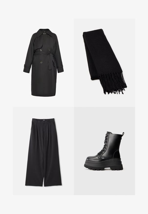 Crni trench kaput od glatkog materijala, s pojasom u struku, dvostrukim kopčanjem sprijeda s okruglim gumbima i klasičnim ovratnikom.; Crna dugačka majica s dugim rukavima od prozirne čipke s cvjetnim uzorkom i visokim izrezom koji uključuje mali volan.; Crne široke hlače s plitkim naborima, petljama za remen i bočnim džepovima, položene ravno na bijeloj pozadini.; Crne čipkaste čizme do gležnja s debelim platformom, glatkom kožnom završnom obradom i petljicom za povlačenje. Ima osam rupica za vezanje i teksturiranu potplat.; Crna marama napravljena od mekane, teksturirane tkanine. Ima franjane rubove i pravokutni oblik, pogodna za omotavanje oko vrata.