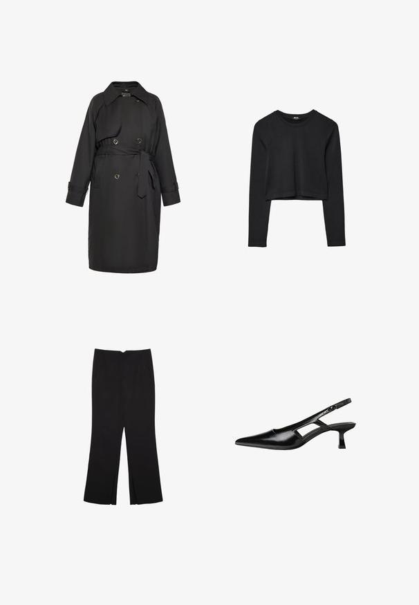 Schwarzer Trenchcoat aus glattem Stoff, mit einem taillierten Design, doppelreihiger Vorderseite mit runden Knöpfen und klassischem Kragen.; Schwarzes, langärmliges, kurz geschnittenes Oberteil mit Rundhalsausschnitt, schlichter Gestaltung und leicht abgerundetem Saum.; Schwarze Hose mit geradem Schnitt, ausgestattet mit Fronttaschen und Seitenschlitzen am Saum. Hergestellt aus weichem, glattem Stoff. Geeignet für verschiedene Anlässe.; Schwarze Lackleder-Slingback-High Heels mit spitzer Zehenform, ausgeschnittenem Seitendesign und kleinem Blockabsatz. Glatte Textur mit minimalen Akzenten.