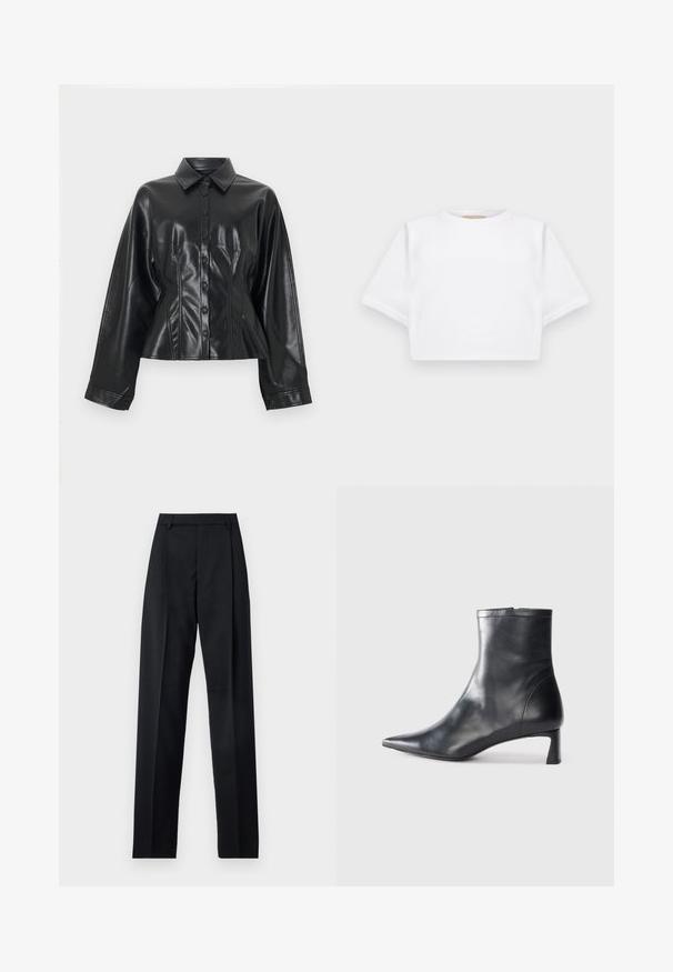 Veste-chemise courte en cuir synthétique noir avec col pointu, fermeture à six boutons et manches longues, présentant une texture lisse et brillante.; T-shirt blanc court en tissu doux, avec des manches courtes, un col rond et des détails en côtes sur l'ourlet. Design simple et sans embellissement.; Pantalon noir en tissu lisse avec taille haute, jambes larges, plis à l'avant et passants de ceinture classiques. Pas de poches latérales visibles.; Bottine en cuir noir avec un bout pointu et un design épuré. Présente un petit talon et une fermeture éclair à l'arrière. Texture lisse.