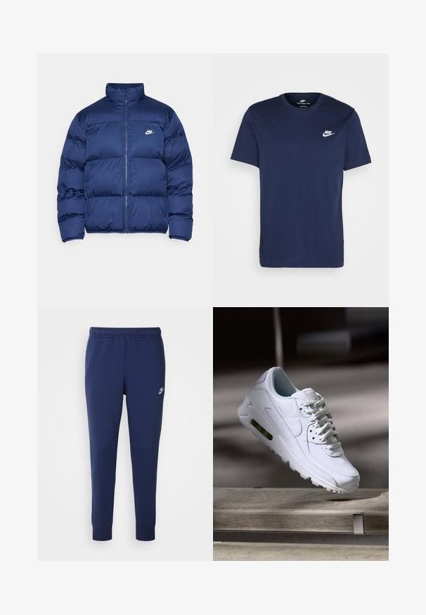 Tumši zils pūkainais mēteli ar augstu apkakli, ar rāvējslēdzēju priekšā un lielām izšūtām sekcijām. Uz krūtīm atrodas mazs balts Nike logo.; Jūras zilas kokvilnas T-krekls ar apaļu kakla izgriezumu un īsām piedurknēm. Uz kreisā krūts redzama balta Nike logo, un tam ir taisna apakšmala.; Jūras zila Nike sporta bikses, kas izgatavotas no mīksta kokvilnas auduma maisījuma, ar elastīgu vidukli, sašaurinātiem stāviem un mazu baltu logotipu sānos.; Baltas ādas sporta apavs ar teksturētām virsmām, mīkstu apkakli un redzamu gaisa spilvenu zoles daļā. Aprīkots ar auklām un minimālistisku dizainu.
