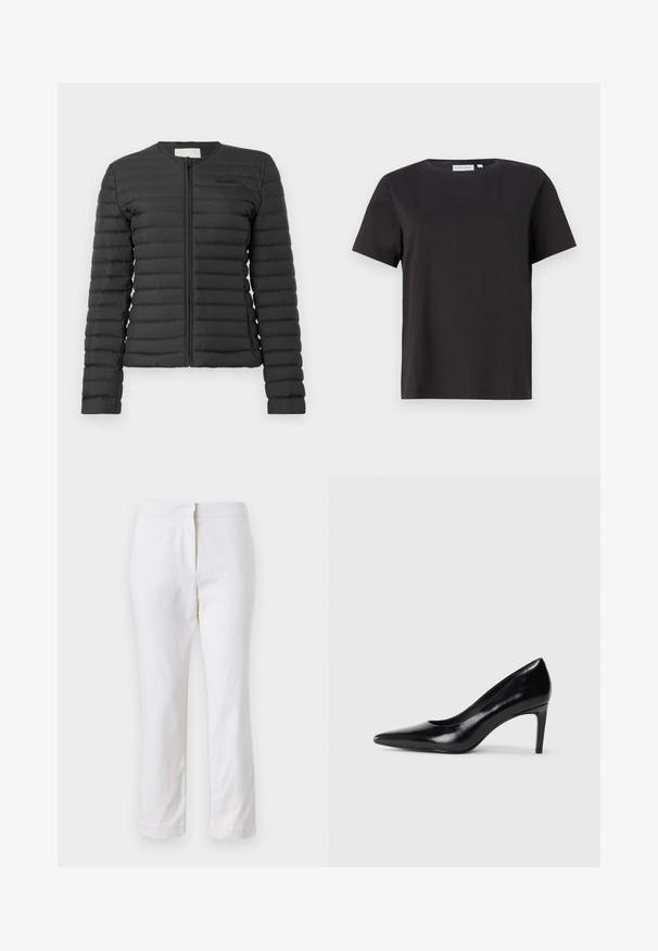 Čierna, ľahká pufrová bunda na zips s horizontálnym prešívaním a okrúhlym výstrihom. Obsahuje elastické manžety a minimálny detail loga.; Čierne bavlnené tričko s krátkymi rukávmi, okrúhlym výstrihom a jednoduchým, čistým dizajnom. Žiadne viditeľné vzory ani ozdoby.; Biele bavlnené nohavice so striedmym strihom, s pásom strednej výšky a bez viditeľných kovových prvkov alebo vzorov. Hladká textúra po celom obvode.; Čierna kožená vysoká topánka s ihlovým podpätkom a špičatou špicou, hladkou textúrou a zúženým podpätkom. Minimalistický dizajn, bez ďalších ozdôb.