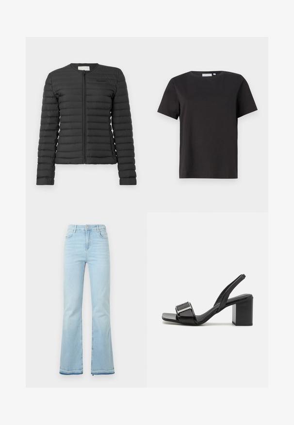 Crna, lagana puffa jakna s patentnim zatvaračem sprijeda, horizontalnim kvadratnim uzorkom i okruglim izrezom. Ima elastične manžete i minimalni logo detalj.; Crna pamučna majica s kratkim rukavima, okruglim izrezom i jednostavnim, čistim dizajnom. Nema vidljivih uzoraka ili ukrasa.; Svijetloplave traperice s širim nogavicama, visokog struka, s prednjim džepovima i sirovim rubom na manžetama za ležeran izgled.; Crne slingback sandale s kvadratnim vrhom, blok petom i detaljem od metalne kopče. Izrađene su od glatkog sintetičkog materijala.