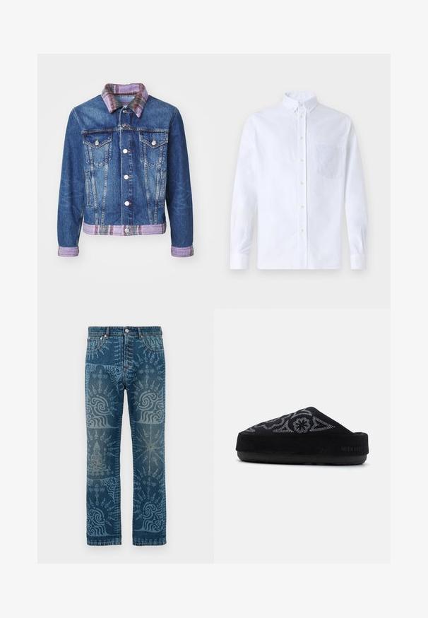 Džinsinė striukė su klasikiniu dizainu, mėlynos spalvos, dviem priekinėmis kišenėmis, sidabro mygtukais ir purpurinės plaid juostele apykakle bei derančiu apvadu.; Balta ilga rankovė mygtukų marškiniai, pagaminti iš medvilnės, su krūtine kišene ir toniniu siuvinėjimu, apykakle ir mygtukų apvadu.; Džinsai vidutinio mėlynumo skalbime, su išraiškingais šviesiai mėlynais raštais, tiesaus kojų silueto dizainu, klasikiniu penkių kišenių stiliumi ir segtuku.; Juoda zomšinė slip-on avalynė su išsiuvinėjimu, suapvalintu pirštu, storu padu ir užrašu "MOON BOOT" ant kulno. Tekstūruotas paviršius.