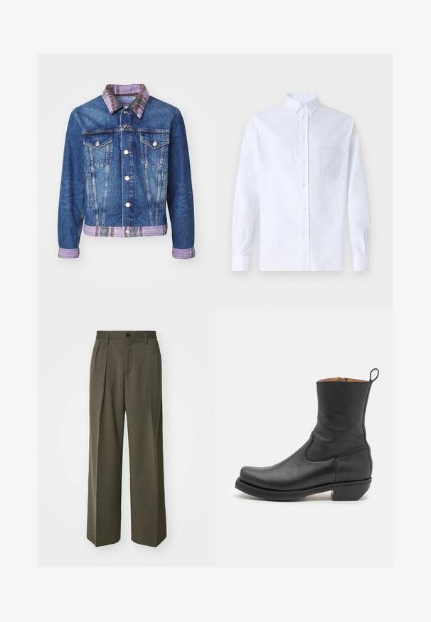 Džínová bunda s klasickým designem, modrou barvou, dvěma předními kapsami, stříbrnými knoflíky a purpurově kostkovaným límcem s odpovídajícím lemem.; Bílá dlouhá košile s knoflíky vyrobená z bavlny, která má náprsní kapsu s tónovanou výšivkou, límec a knoflíkové manžety.; Filippa K WIDE TROUSERS - Kalhoty - driftwood; Černá kožená kotníková bota s hladkým povrchem, štíhlým profilem, bočním prošíváním a nízkým čtvercovým podpatkem. Obsahuje poutko na zadní straně.
