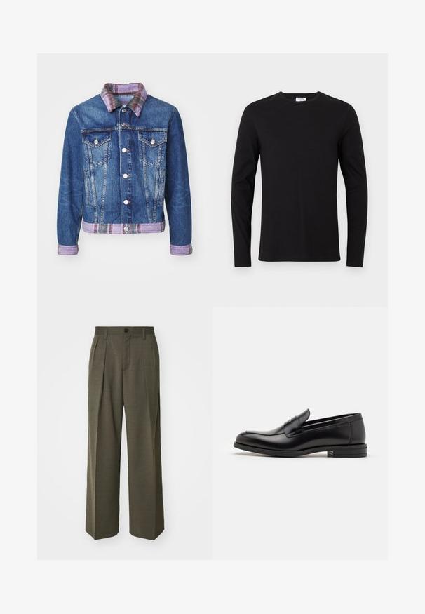 Džínová bunda s klasickým dizajnom, modrou farbou, dvoma prednými vreckami, striebornými gombíkmi a fialovým kockovaným golierom so zodpovedajúcim lemom.; Čierne tričko s dlhým rukávom vyrobené z bavlny, s okrúhlym výstrihom a jednoduchým dizajnom bez viditeľných vzorov alebo ozdôb.; Filippa K WIDE TROUSERS - Nohavice - driftwood; Čierne kožené mokasíny s hladkou textúrou, zaoblenou špičkou a dekoračným pásikom cez priehlavok. Nízky vrstvený opätok, minimalistický dizajn.