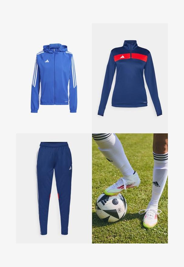 Blau leichte Jacke mit Kapuze, weißen Seitenpanelen und drei weißen Streifen auf jeder Schulter. Ausgestattet mit einem durchgehenden Reißverschluss und elastischen Bündchen.; Marineblaue Langarm-Quarter-Zip-Oberteil mit einem roten horizontalen Streifen, einem weißen Logo, glatter Textur und enganliegendem Design. Performance-Stoff.; Marineblaue Jogginghosen mit weißen Seitenstreifen, elastischem Bund und roten Akzenten am Saum. Aus glattem, leichtem Stoff gefertigt.; Weiße Fußballschuhe mit roten Akzenten, die auf einem schwarz-weißen Fußball auf einem Rasenfeld liegen, während weiße Socken mit Streifen sichtbar sind.