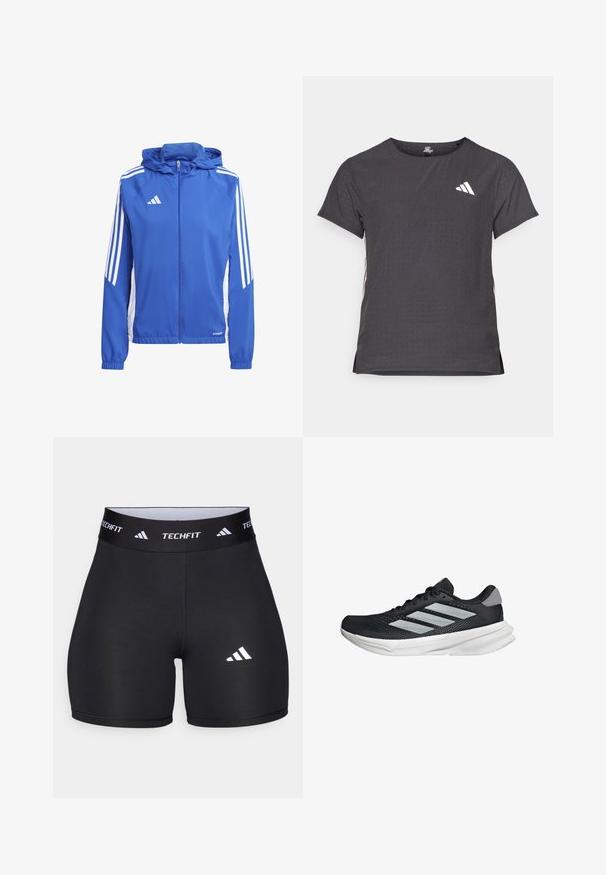 Blue lightweight jacket with a hood, white side panels, and three white stripes on each shoulder. Features a full zipper and elastic cuffs.; Short-sleeve athletic t-shirt, dark gray with perforated texture. Features a white logo and contrasting side stripes. Rounded neckline.; Black shorts made from stretchy fabric with a fitted design. Features a wide black waistband labeled "TECHFIT" and a white logo on the leg.; Black running shoe with mesh upper, three silver stripes, white midsole, and textured outsole. Features padded collar and lace closure.