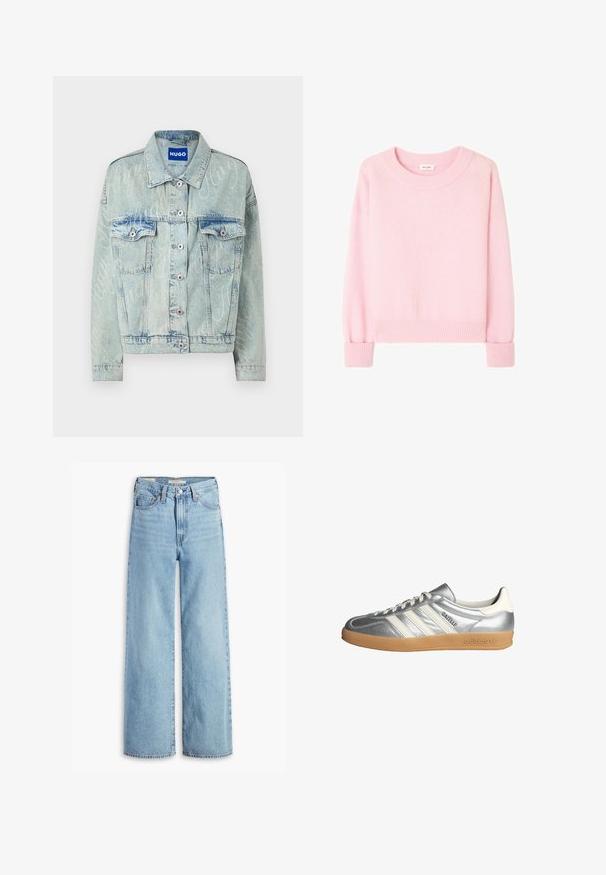Helle blaue Jeansjacke mit kurzem Schnitt, zwei Brusttaschen, silbernen Knöpfen und dezentem Logomuster über die gesamte Jacke.; Rosa Strickpullover mit rundem Ausschnitt, gerippten Bündchen und Saum. Weiche Textur, lange Ärmel und lockere Passform.; Hochgeschnittene, hellblaue Schlagjeans mit Frontknopf und Reißverschluss, Gürtelschlaufen und fünf Taschen.; Silberne Sneakers mit weißen Akzenten, ausgestattet mit drei Streifen, einer abgerundeten Spitze und einer Sohle aus Gummi. Strukturierter metallischer Stoff.