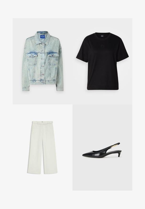 Helle blaue Jeansjacke mit kurzem Schnitt, zwei Brusttaschen, silbernen Knöpfen und dezentem Logomuster über die gesamte Jacke.; Schwarzes Baumwoll-T-Shirt mit Rundhalsausschnitt, kurzen Ärmeln und aufgesticktem Logo auf der Brust. Einfacher, lässiger Schnitt ohne Muster.; Weite Hose aus zartem Creme-Stoff, mit seitlichen Taschen, flatem Bund und einer Knopfverschluss an der Taille. Glatte Textur.; Schwarze Leder-Slingback-Pumps mit spitzem Schuhblatt, ausgestattet mit einem schlanken Absatz und einem goldfarbigen Akzent am verstellbaren Riemen. Glatte Textur.