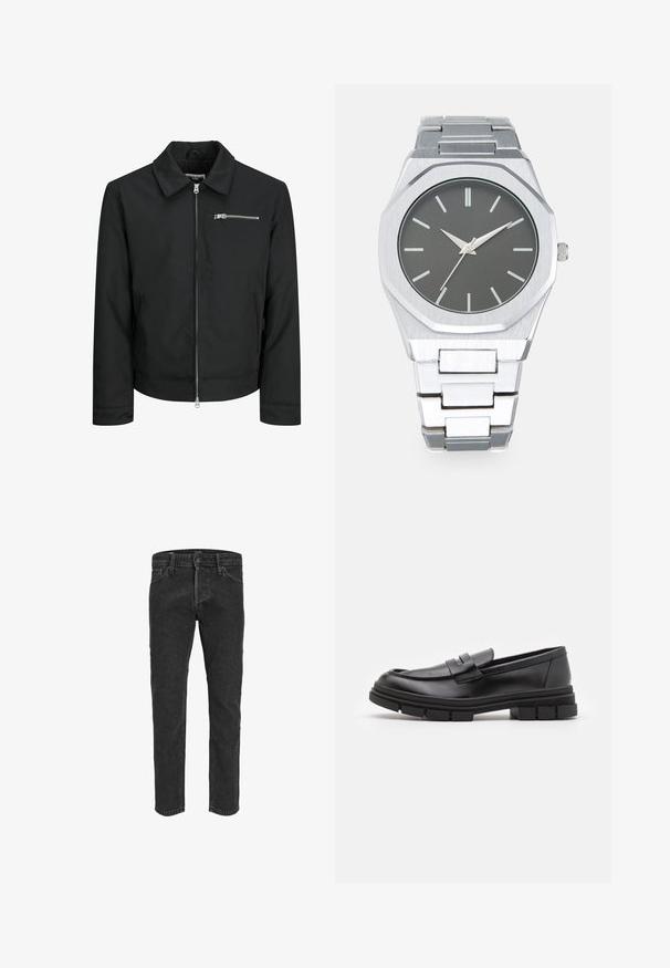 Jack & Jones Poletna jakna - black; Redefined Rebel TETON REGULAR FIT - Pulover - black grey; Črne jeans hlače s ravnim krojem, petimi žepi in zankami za pas, ki imajo rahlo zbledel videz in kontrastne šive.; Črne usnjene loafersice z gladkim zaključkom, ki imajo sprednji trak in debel gumijast podplat z utori.; Srebrna analogna ura z osmokotno ohišje, siva številčnica, srebrni kazalci ter pas iz nerjavečega jekla. Minimalističen dizajn s hladno teksturo.