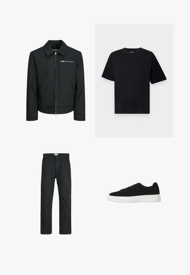 Jack & Jones Letná bunda - black; Čierne tričko s krátkym rukávom a okrúhlym výstrihom, vo voľnom strihu, vystavené na bielom pozadí.; Čierne nohavice vyrobené z odolného materiálu, s rovnými nohavicami, prešitými detailmi a dvoma prednými vreckami pre väčšiu funkčnosť.; Čierne semišové tenisky s okrúhlou špičkou, šnurovaním vpredu a bielou gumovou podrážkou. Jednoduchý dizajn s minimálnymi akcentmi a hladkou textúrou.