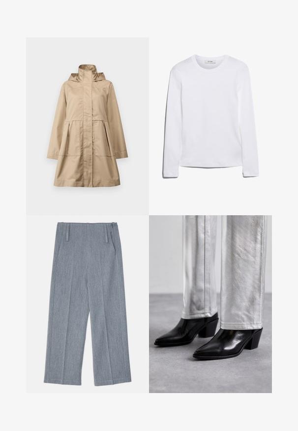 MAX&Co. TONACA - Parka - beige; Long-sleeve white T-shirt made of ribbed cotton, featuring a round neckline and a straight hem. Simple design with no patterns or accents.; Light gray, wide-leg trousers made of textured fabric, featuring two front pleats and two side pockets. Clean, tailored design.; Black leather ankle boots with a pointed toe and block heel, paired with shiny silver pants, showcasing sleek textures and contrasting colors.