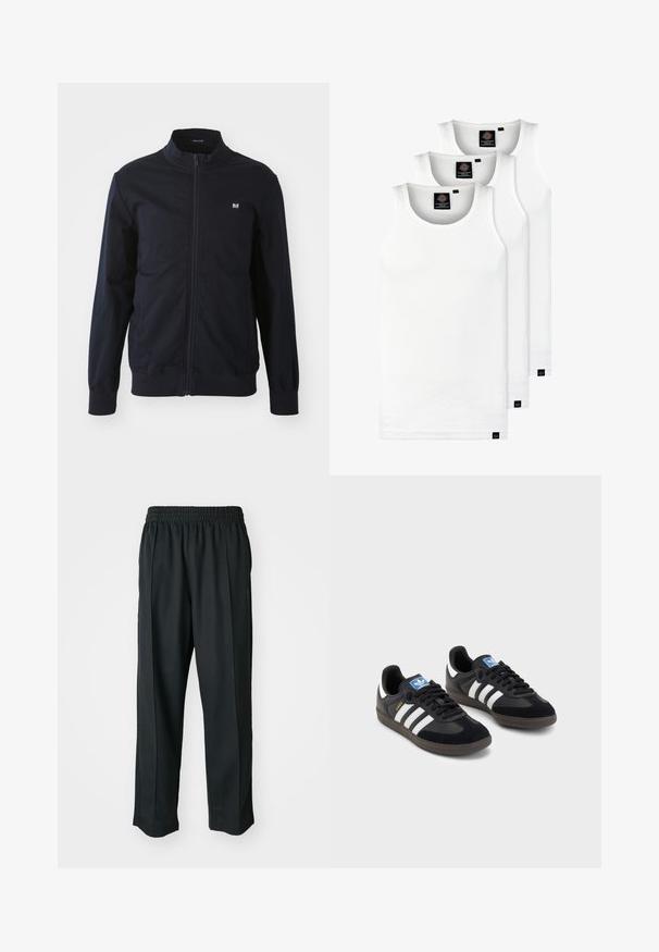 Marineblå lynlåsjakke med ståkrave, elastiske manchetter og kant. Har et lille logo-patch på venstre bryst og sidelommer.; Tre hvide ribbede tanktops lavet af bomuld. Har en rund hals og små sorte mærker nær sømmen. Fås i flere størrelser.; Sorte træningsbukser med elastisk talje, lavet af glat stof, med diskrete sidesyninger og en afslappet pasform, lige ben design.; Sorte sneakers med en overdel i ruskind og syntetisk materiale, med tre hvide striber, struktureret gummisål og en blå logoetiket på tungen.