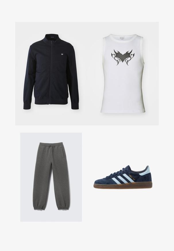 Navy zip-up jacket with a stand collar, elastic cuffs, and hem. Features a small logo patch on the left chest and side pockets.; White sleeveless top made of cotton with a black tribal heart design at the center. Features a round neckline and ribbed texture.; Gray sweatpants made of soft fabric, featuring a drawstring waistband, elastic cuffs, and side pockets. Straight-leg design.; Navy blue suede Adidas sneaker with light blue stripes, gum sole, light blue heel tab, and gold "Spezial" branding on the side.