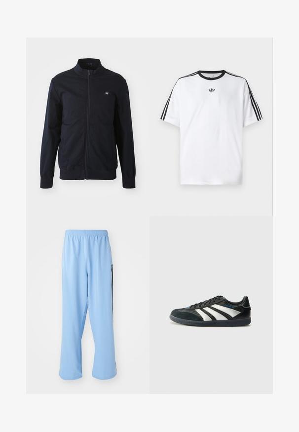 Tamsiai mėlynas zip-up švarkas su stovinčiu apykakle, elastingomis rankogaliais ir kraštu. Yra mažas logotipas kairėje krūtinės pusėje ir šoninės kišenės.; Balta medvilninė marškinėlių su juodu apvali kaklu, ant kiekvieno peties iš trijų juodų juostelių. Mažas juodas logotipas ant krūtinės.; Šviesiai mėlynos sportinės kelnes, pagamintas iš lygaus audinio, su elastine juosta liemenyje ir kontrastingomis juodomis šoninėmis juostomis.; adidas Performance PREDATOR FREESTYLE JUDE INDOOR FOOTBALL SHOES - Salės futbolo bateliai - core black/silver-coloured/glory blue