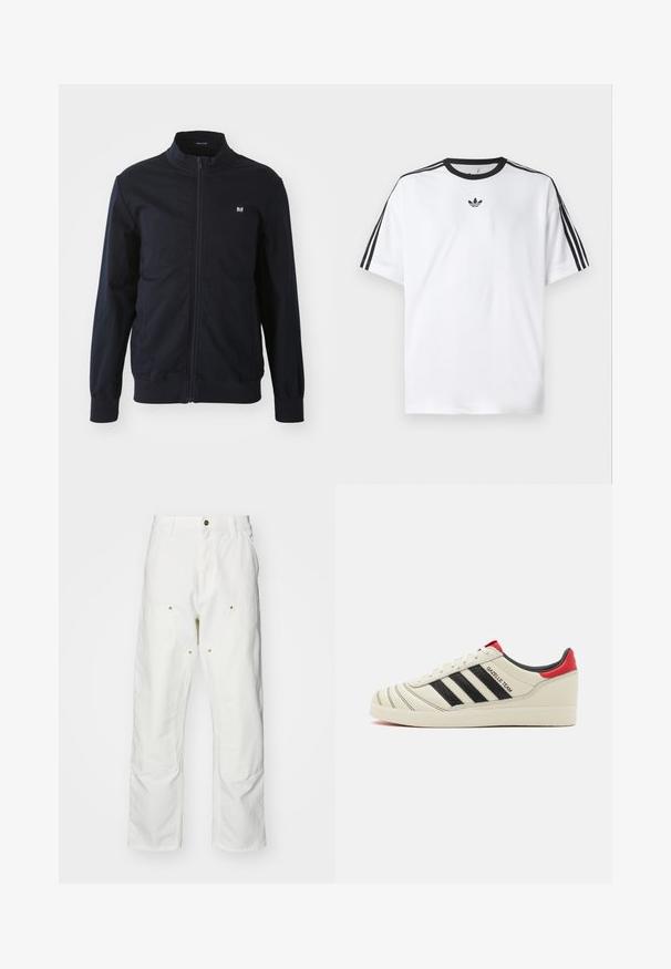 Marineblaue Zip-Jacke mit Stehkragen, elastischen Bündchen und Saum. Besitzt ein kleines Logo-Patch auf der linken Brust und seitliche Taschen.; Weißes T-Shirt aus Baumwolle mit einem schwarzen, runden Halsausschnitt und drei schwarzen Streifen auf jeder Schulter. Kleines schwarzes Logo auf der Brust.; Weiße Baumwoll-Cargohose mit lockerer Passform. Zu den Merkmalen gehören Fronttaschen, goldfarbene Hardware-Akzente und verstärkte Kniebereiche.; Cremfarbene Leder-Sneaker mit schwarzen Streifen, roten Akzenten an der Ferse und strukturierten Details. Ausgestattet mit einer Gummisohle und Schnürverschluss.